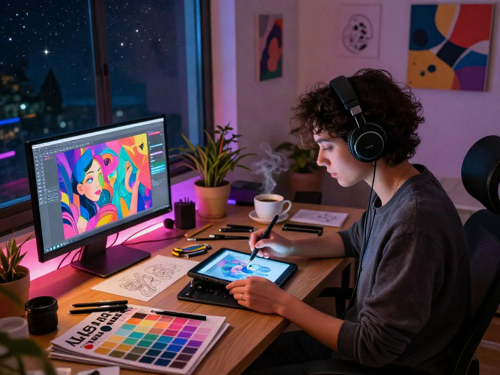 AI NSFW visual artist creating innovative designs in a cozy studio
